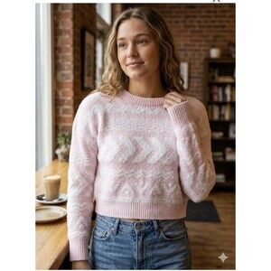 Love Knits Tribal Knit Striped Cropped Sweater Women's XS Baby Pink White NWT
